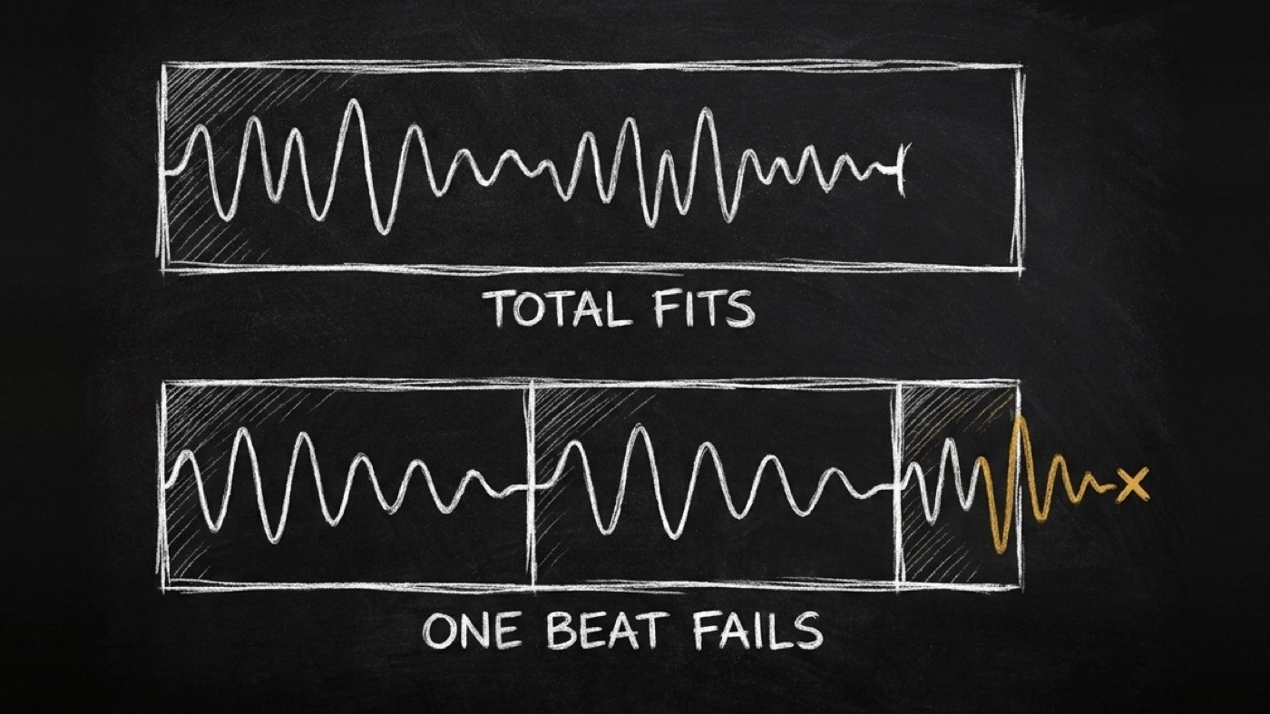 Two chalk rows of the same width: the top row is one long box whose voiceover wave ends early, labelled TOTAL FITS; the bottom row is cut into three boxes and the wave in the narrow last box spills past its edge in gold, labelled ONE BEAT FAILS