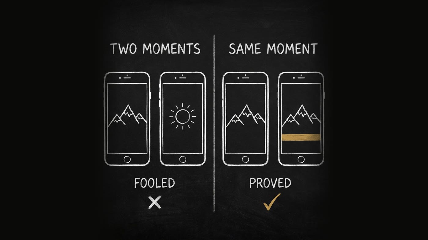 A dark chalkboard split in two. Left, titled TWO MOMENTS: two phones showing different pictures, labelled FOOLED with a cross. Right, titled SAME MOMENT: two phones showing the same mountain, one with a gold caption bar, labelled PROVED with a gold check.