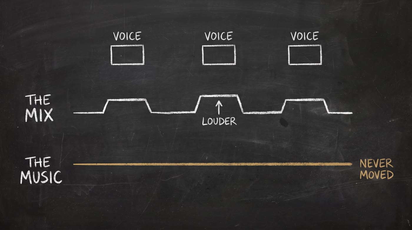 A dark chalkboard with three boxes labelled VOICE along the top. A white line labelled THE MIX rises into a plateau under each voice box, marked LOUDER. Below it a flat gold line labelled THE MUSIC is marked NEVER MOVED.