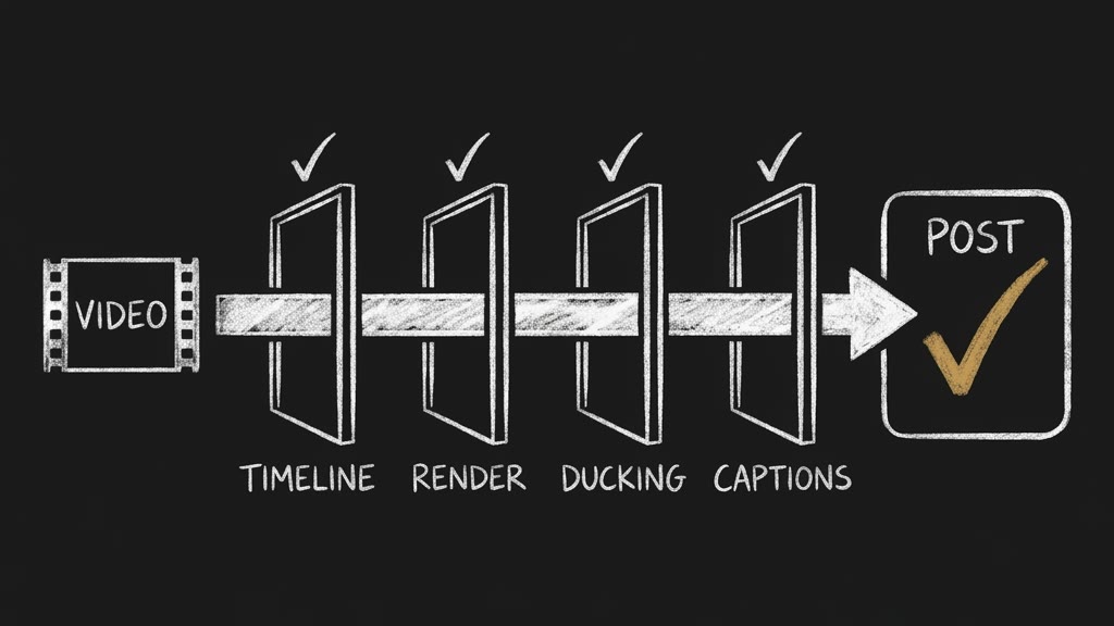 A dark chalkboard showing a film strip labelled VIDEO passing along one arrow through four gates labelled TIMELINE, RENDER, DUCKING and CAPTIONS, each with a tick, into a box labelled POST with a gold checkmark.