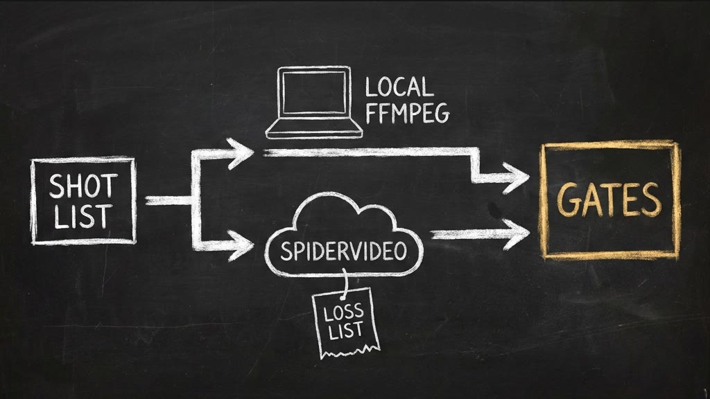 Chalk diagram: a shot list routes to local ffmpeg or to SpiderVideo with a loss list, and both paths end at the same gates.
