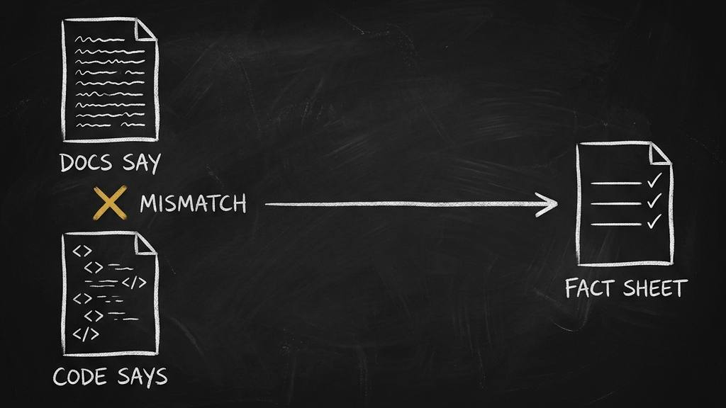 Chalk diagram: a docs page and a code page with a gold X marked MISMATCH between them, and an arrow to a fact sheet where every line is ticked.