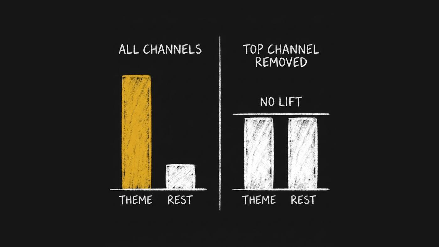 Chalk diagram: across all channels the theme bar towers over the rest; with the top channel removed, the two bars are the same height. No lift.