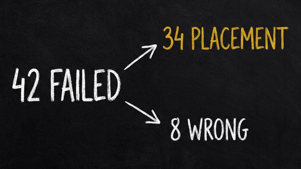 A chalkboard diagram: 42 FAILED branching into 34 PLACEMENT in gold and 8 WRONG in white