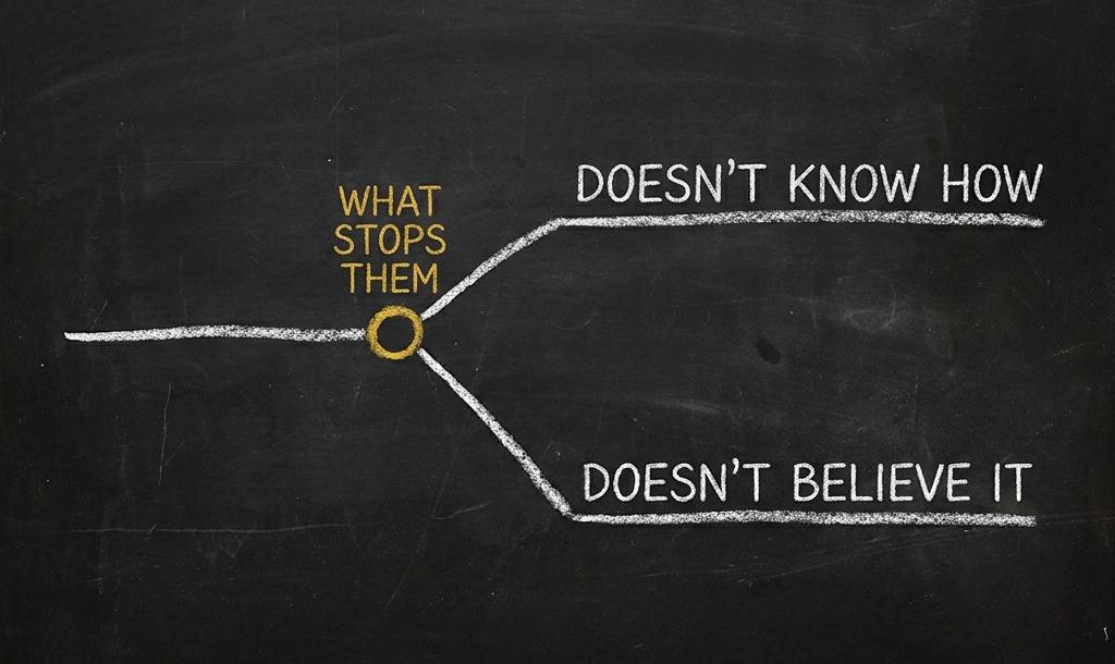 A chalkboard fork in a path: a gold node labelled WHAT STOPS THEM splits into two branches that never rejoin, DOESN'T KNOW HOW and DOESN'T BELIEVE IT