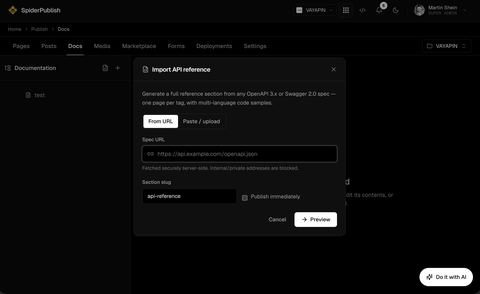 Import any OpenAPI or Swagger spec into a full API reference