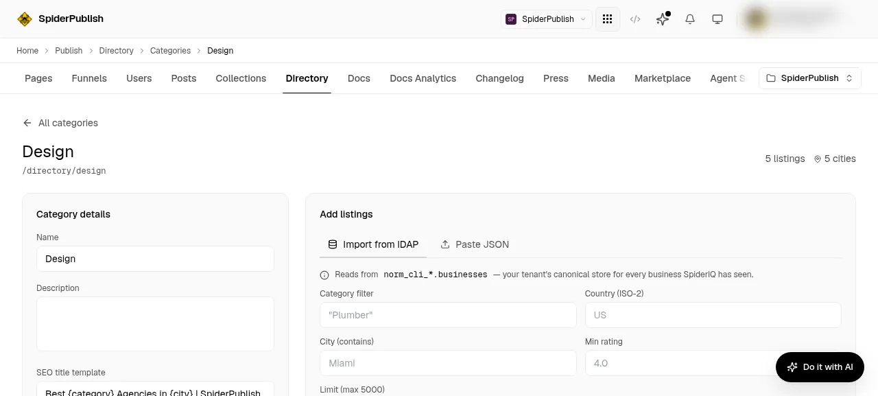 The category editor for Design, with the category details on the left and the Import from IDAP tab open on the right showing its five filters.