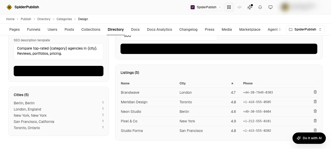 The Design category after an import, showing five cities on the left and a table of five listings with name, city, rating and phone.