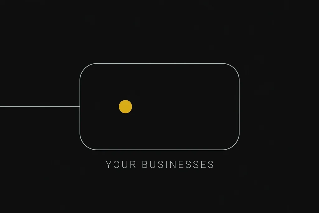 A dark diagram: one large outline container holding a single gold dot, with one line entering from the left, labelled YOUR BUSINESSES.