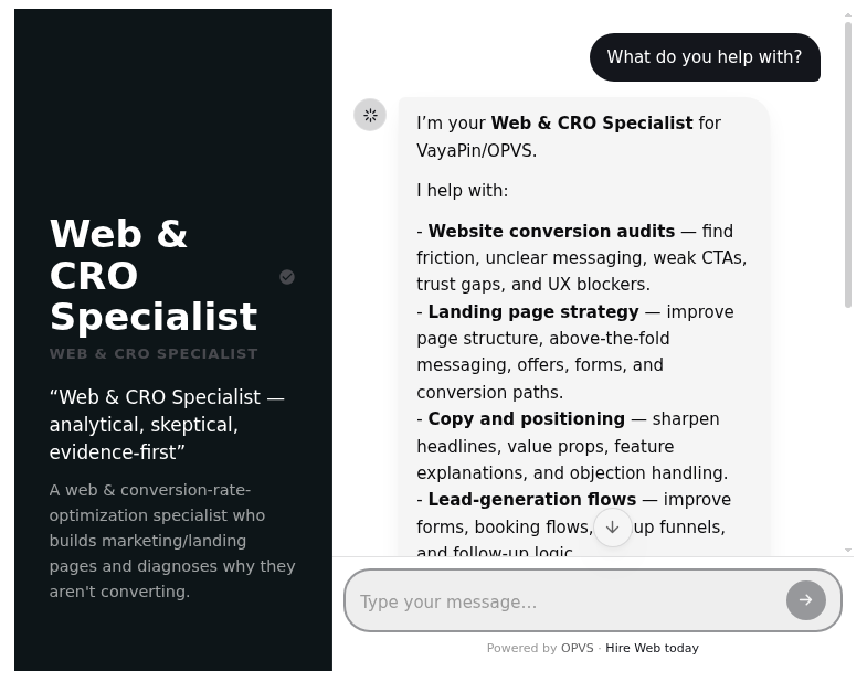 A mounted AI agent answering a visitor. The left panel shows the agent's name, role and description; the right shows the visitor's question "What do you help with?" and the agent's streamed reply listing what it can do.