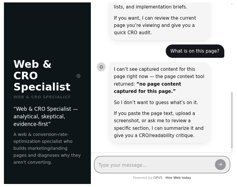 An agent on a SpiderPublish-hosted page answering the question "What is on this page?" with "I can't see captured content for this page right now — the page context tool returned: no page content captured for this page." and offering to work from pasted text instead.