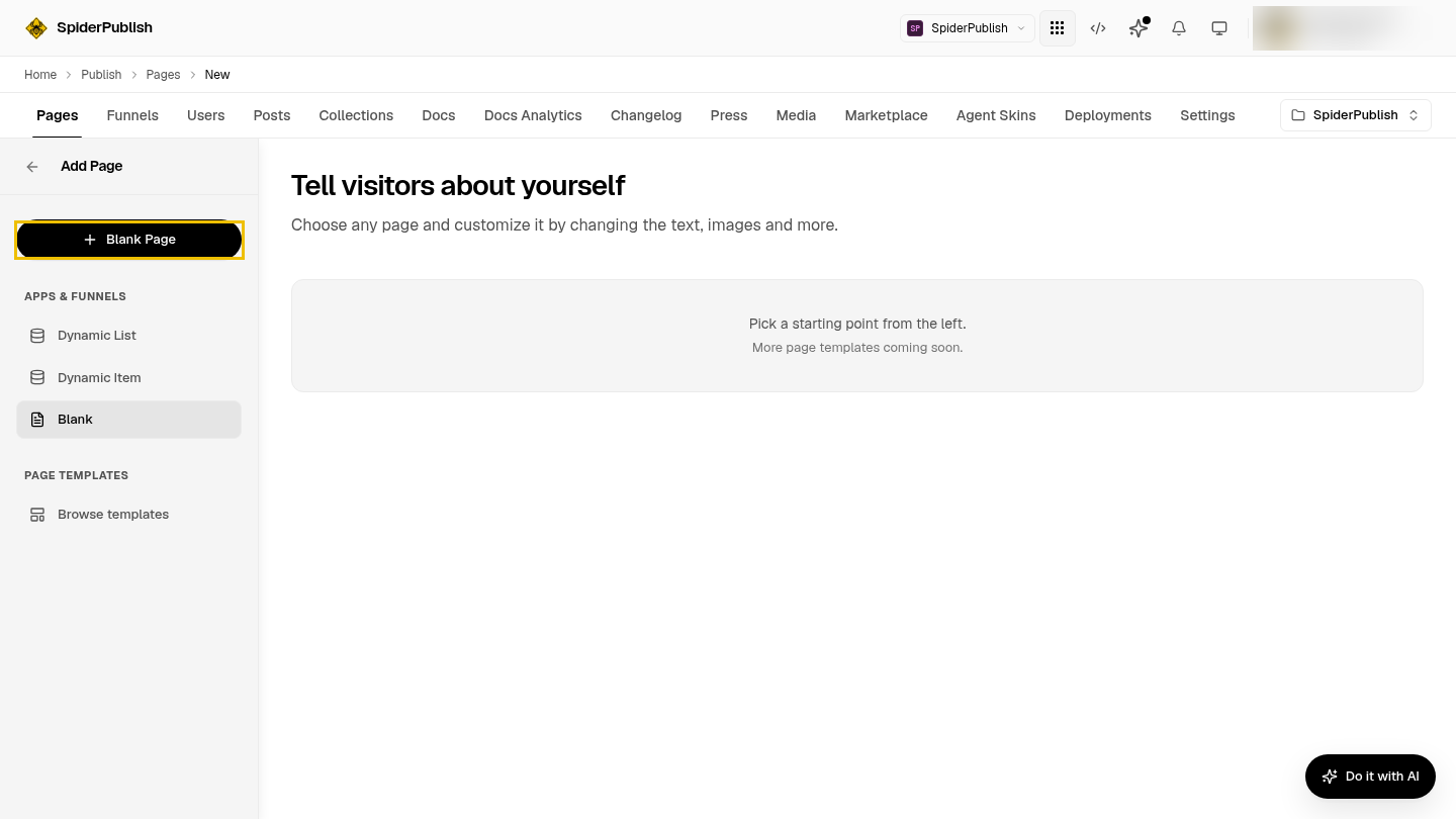 The Add Page screen with Blank Page outlined, and no dynamic landing option among the create-time choices