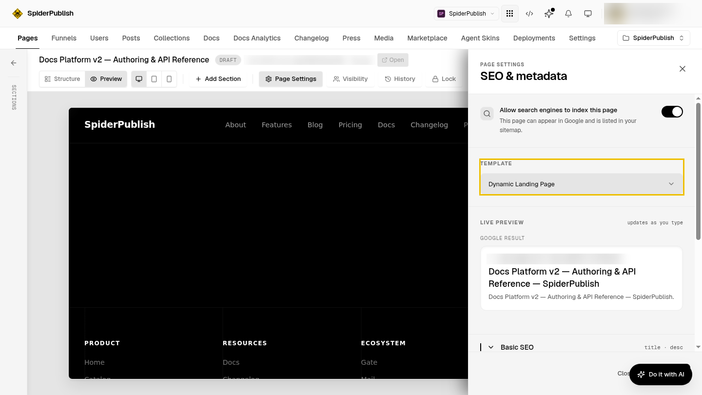 The Page Settings panel with the Template control set to Dynamic Landing Page