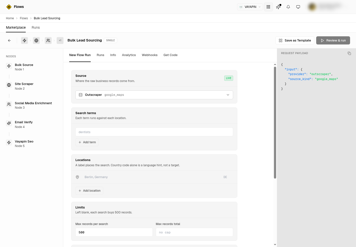 The Bulk Lead Sourcing form showing the source selector, search terms, locations and a max-records-per-search field defaulting to 500.