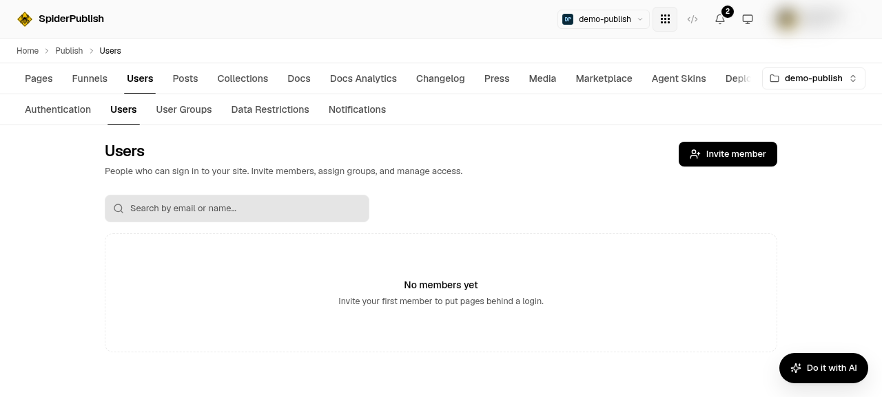 The Members tab with an empty roster and the Invite member button