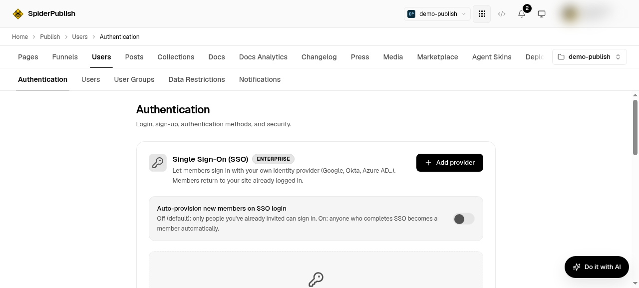 The Authentication tab showing the Single Sign-On section with an Add provider button and the auto-provision toggle turned off