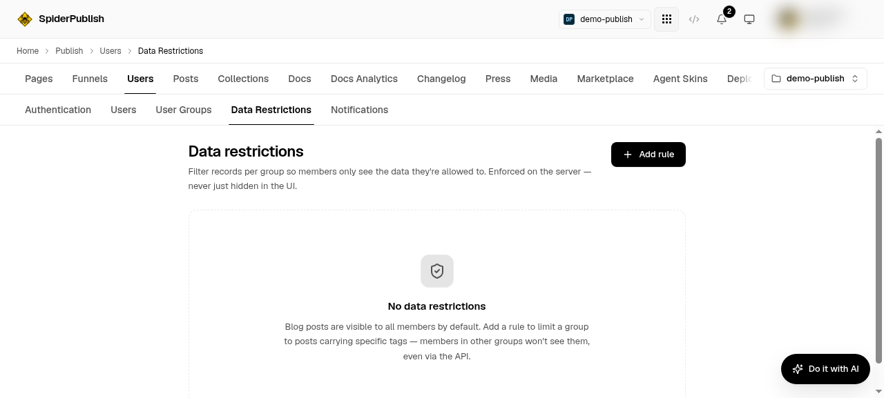 The Data Restrictions tab, explaining that blog posts are visible to all members until a rule limits a group to specific tags