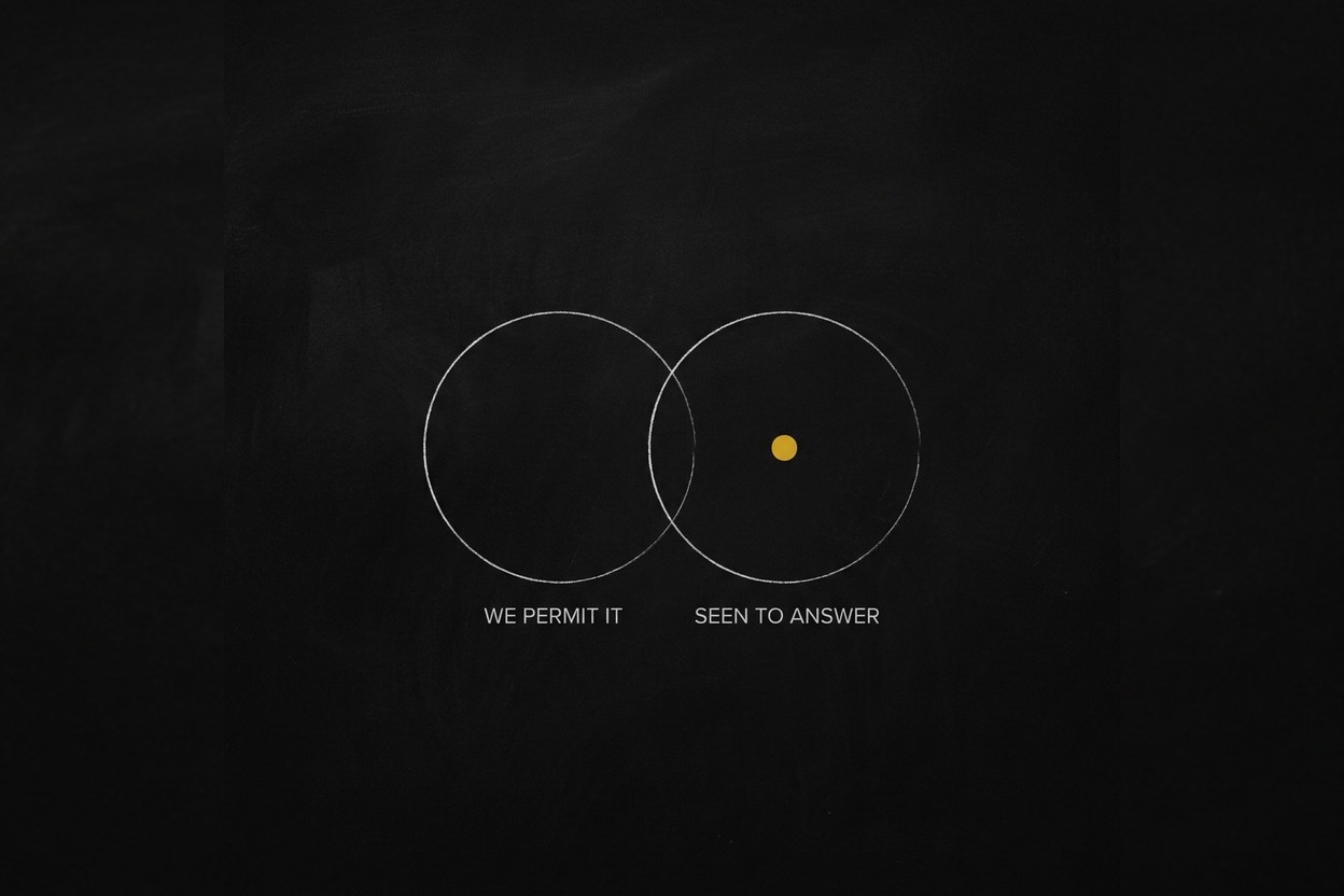 Two overlapping outline circles. The left one, labelled “We permit it”, is empty. The right one, labelled “Seen to answer”, holds a single small gold dot.
