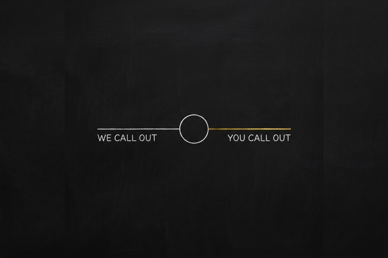 A single outline node in the centre. One thin white line leaves it to the left, labelled “We call out”. One gold line leaves it to the right, labelled “You call out”.