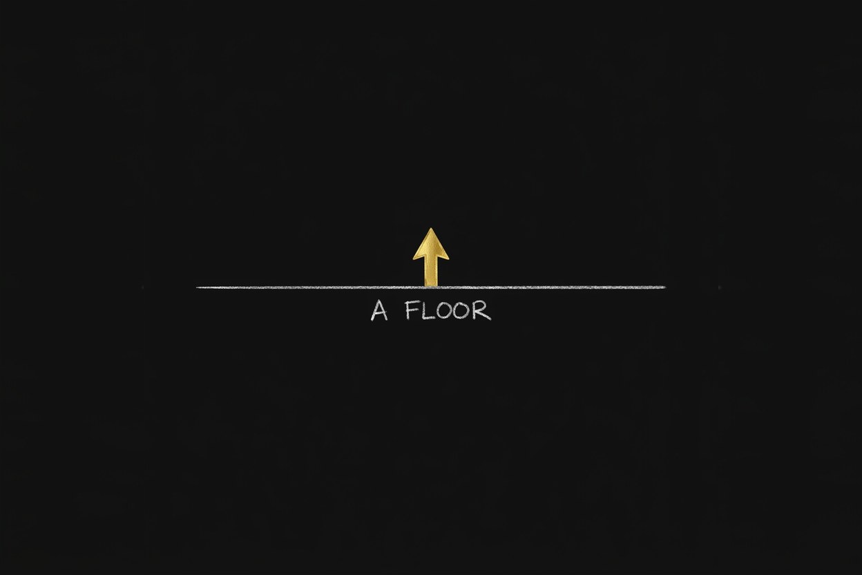 A single horizontal line low on the board, labelled “A floor”, with one small gold arrow pointing upward from it.