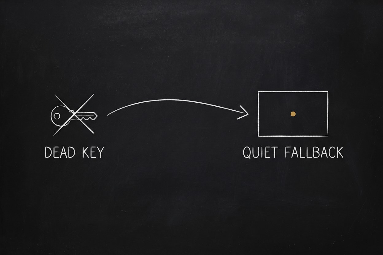 A crossed-out key on a blackboard with an arrow curving to an empty rectangle, labelled ‘Dead key’ and ‘Quiet fallback’