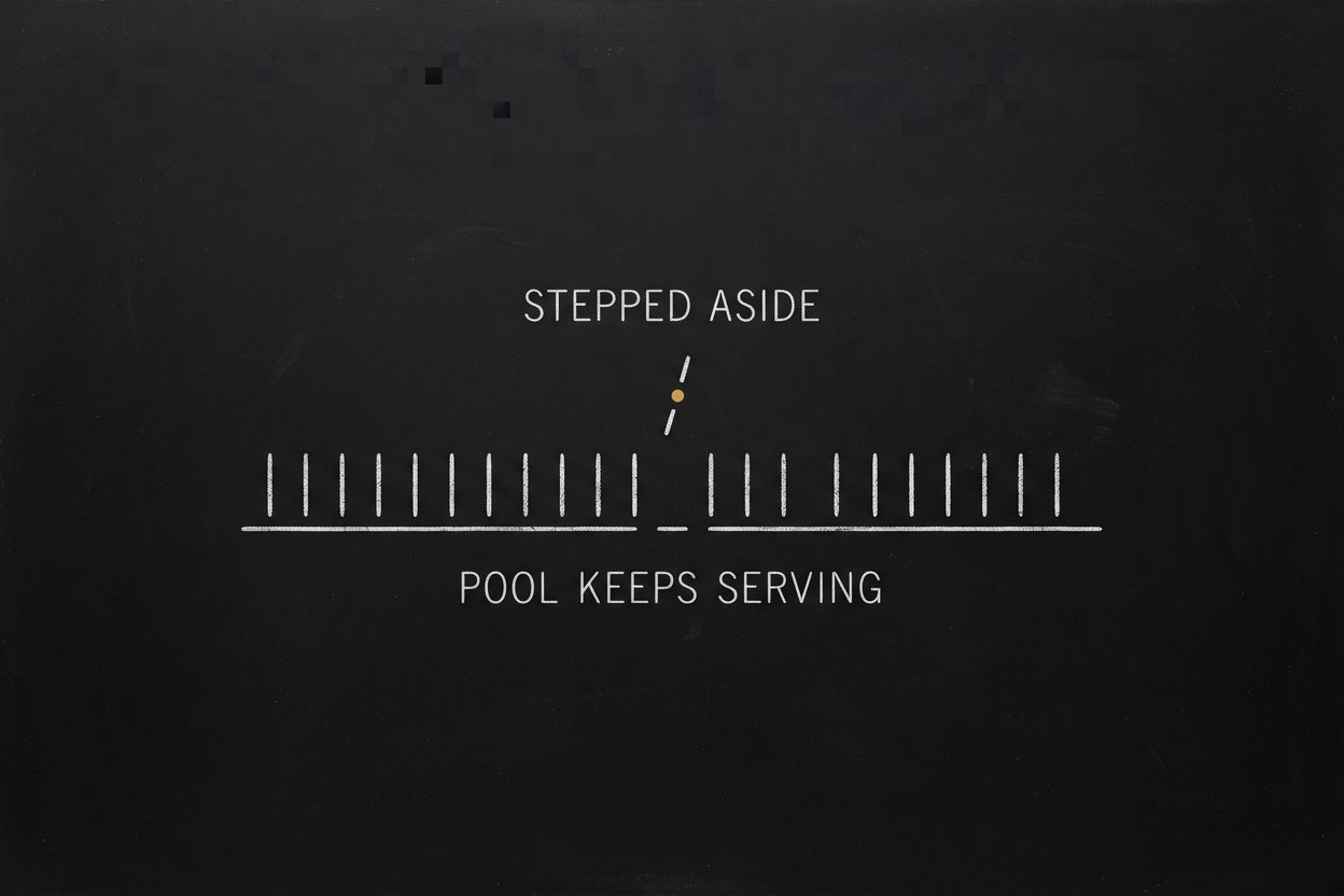 A row of chalk strokes forming a lane with one stroke lifted out above it, labelled ‘Stepped aside’ and ‘Pool keeps serving’