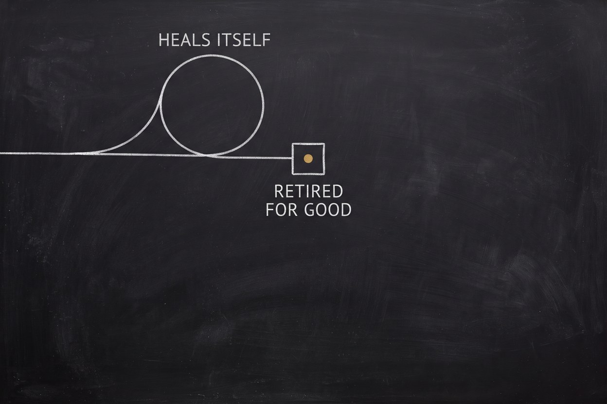 A line forking into a loop that returns to itself and a straight path ending at a closed square, labelled ‘Heals itself’ and ‘Retired for good’