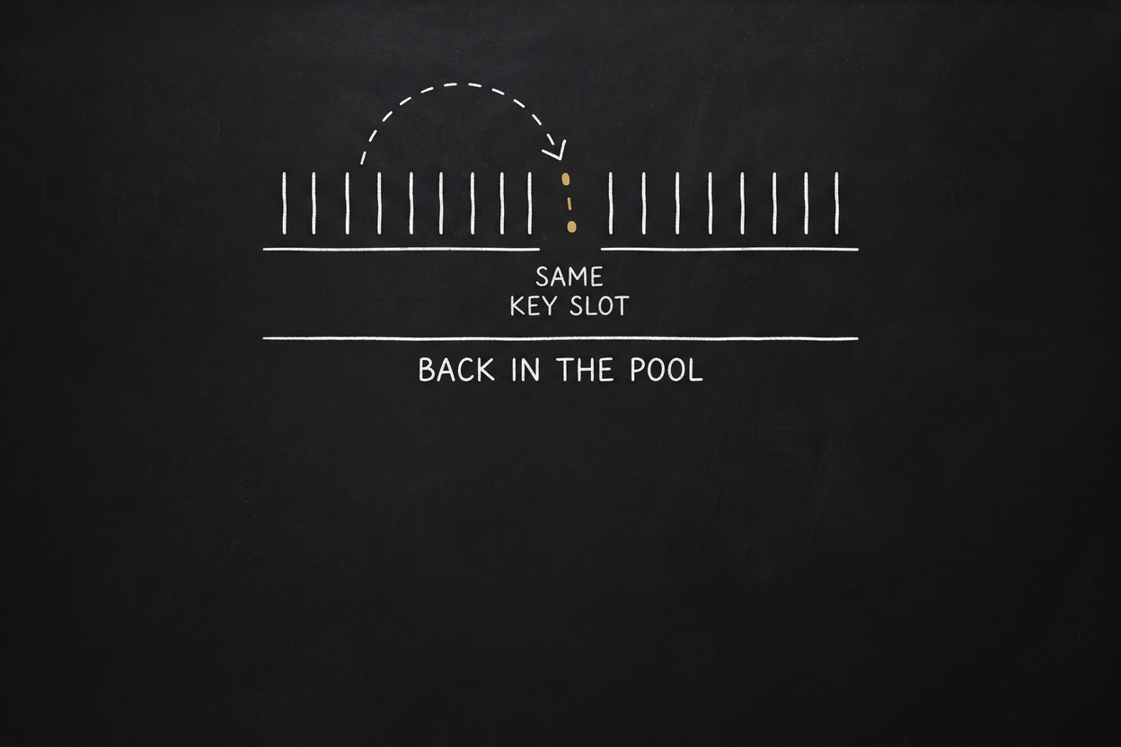A dashed arc curving down into a gap in a row of chalk strokes, labelled ‘Same key slot’ and ‘Back in the pool’