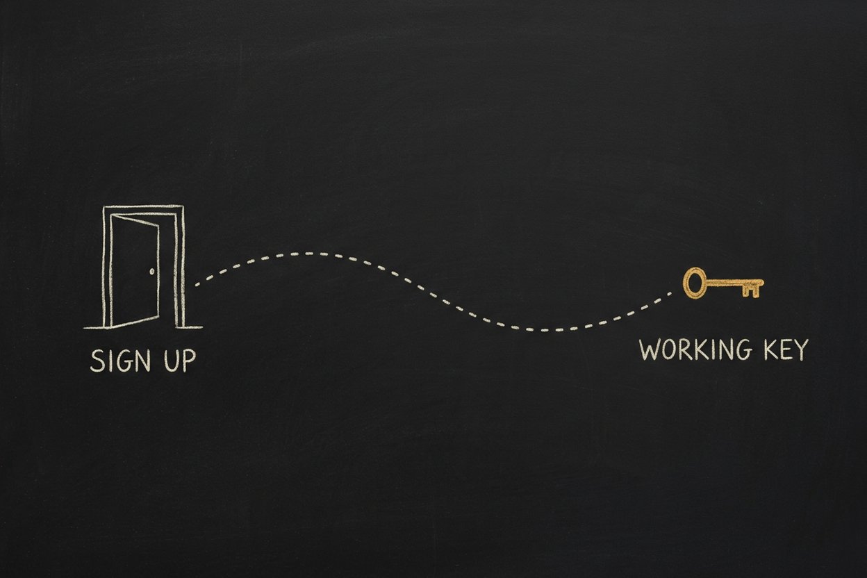 Chalk drawing: a dotted path runs from a doorway labelled SIGN UP to a gold key labelled WORKING KEY