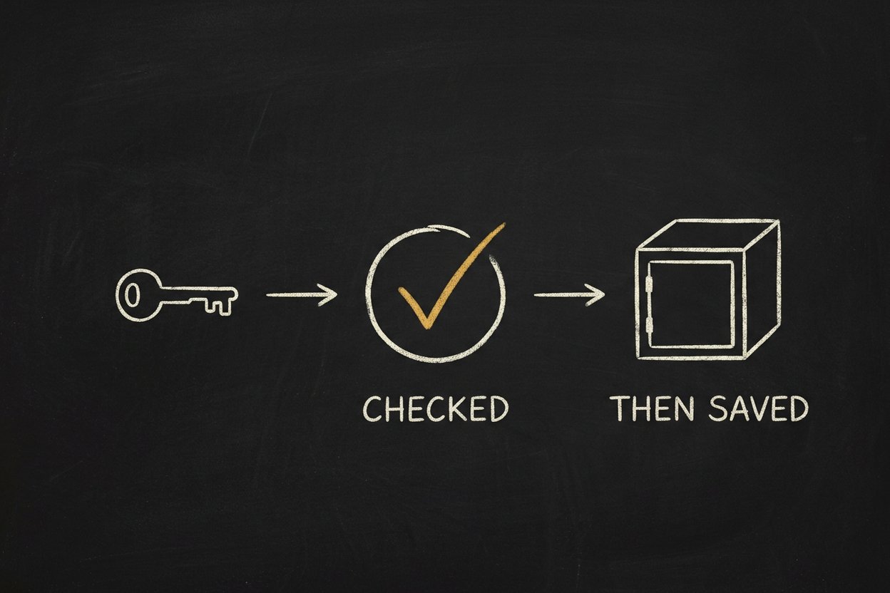 Chalk drawing: a key, then a circle with a gold tick labelled CHECKED, then a strongbox labelled THEN SAVED
