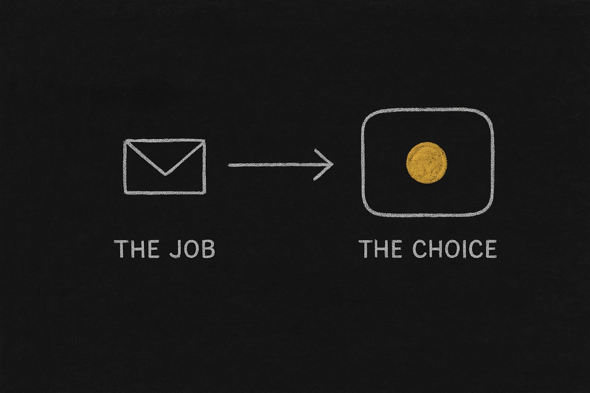 A chalk drawing: an envelope labelled THE JOB, an arrow, and a rounded box labelled THE CHOICE holding a single gold dot.