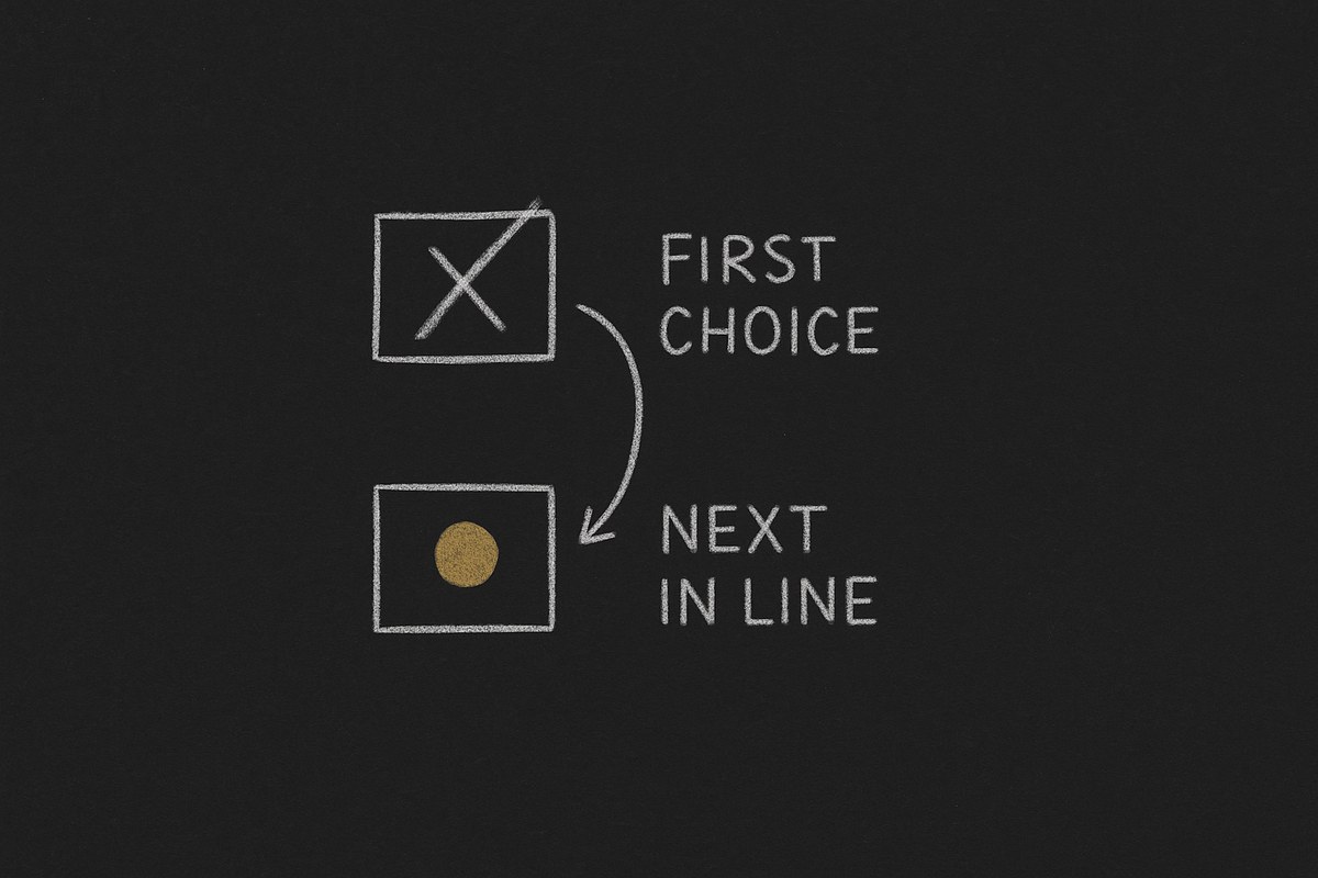 A chalk drawing: a crossed-out box labelled FIRST CHOICE with an arrow curving down to a second box labelled NEXT IN LINE holding a gold dot.