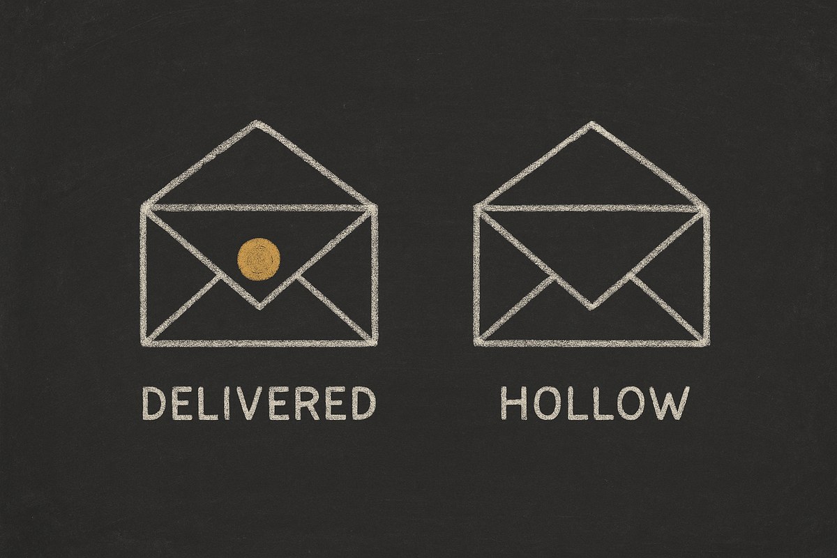Two identical chalk envelopes side by side on a black board. The left one holds a single gold dot and is labelled DELIVERED; the right one is empty and is labelled HOLLOW.