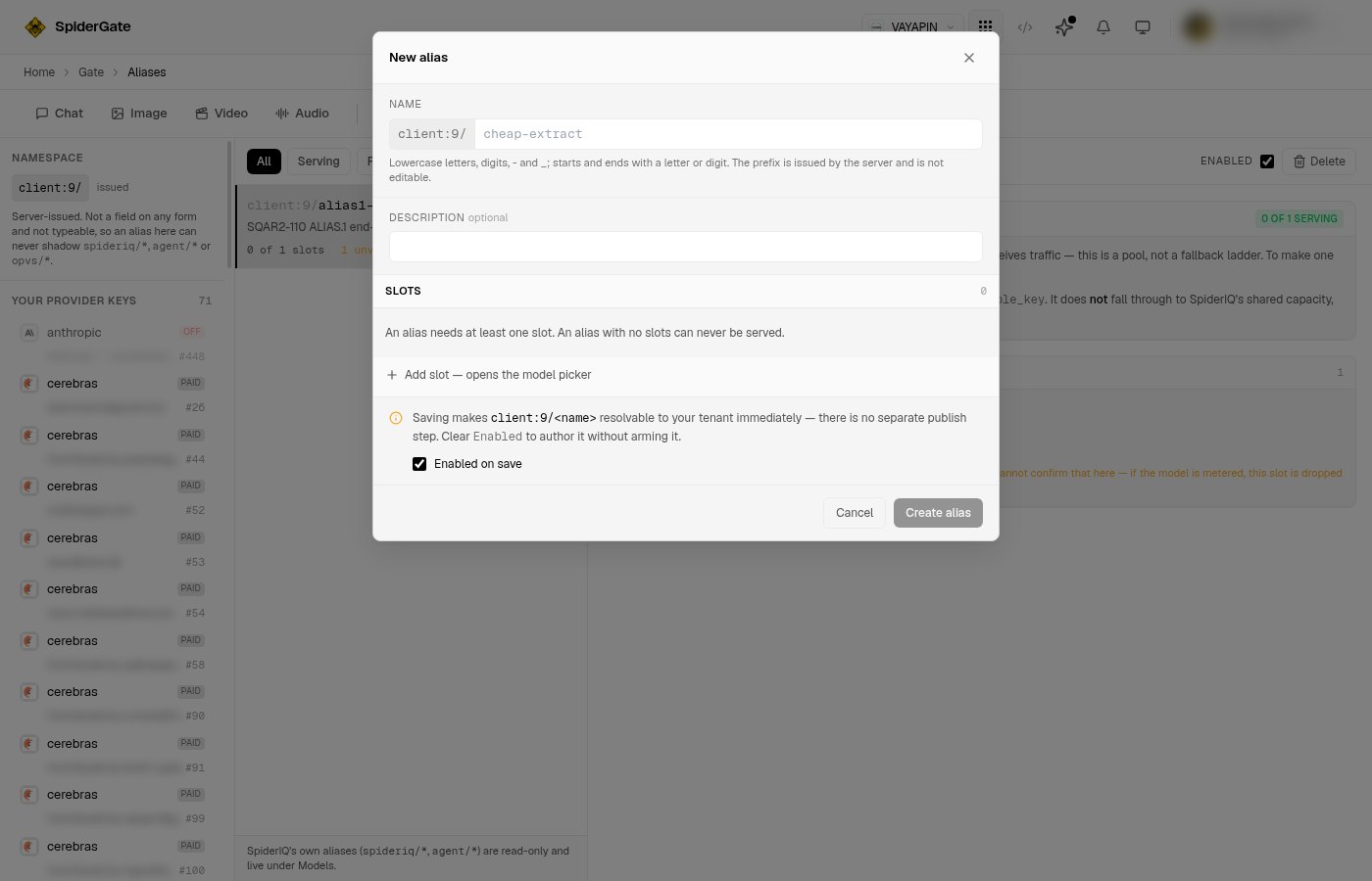 The New alias dialog. The name field is prefixed by a non-editable client:9/ affix, with the slot list empty and a notice explaining that saving makes the alias resolvable immediately.