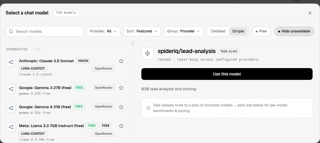 The SpiderGate model picker. The right panel shows spideriq/lead-analysis with a TASK ALIAS badge, the line "routed - least-busy across configured providers", and a note explaining that task aliases route to a pool of concrete models.