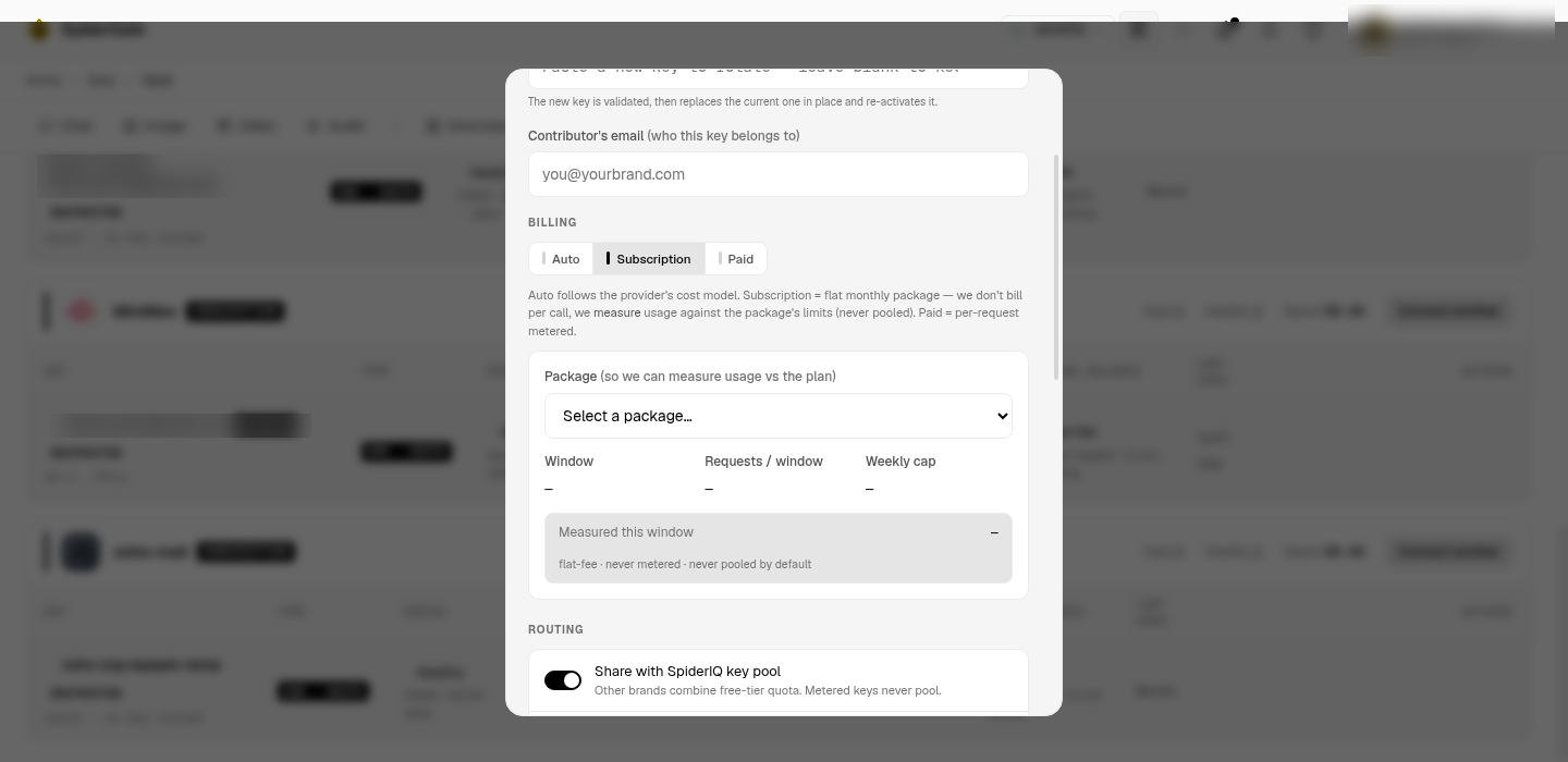 The key editor with Billing set to Subscription. A Package picker has appeared, and the Window, Requests per window and Weekly cap readouts are showing dashes because no package has been chosen yet.
